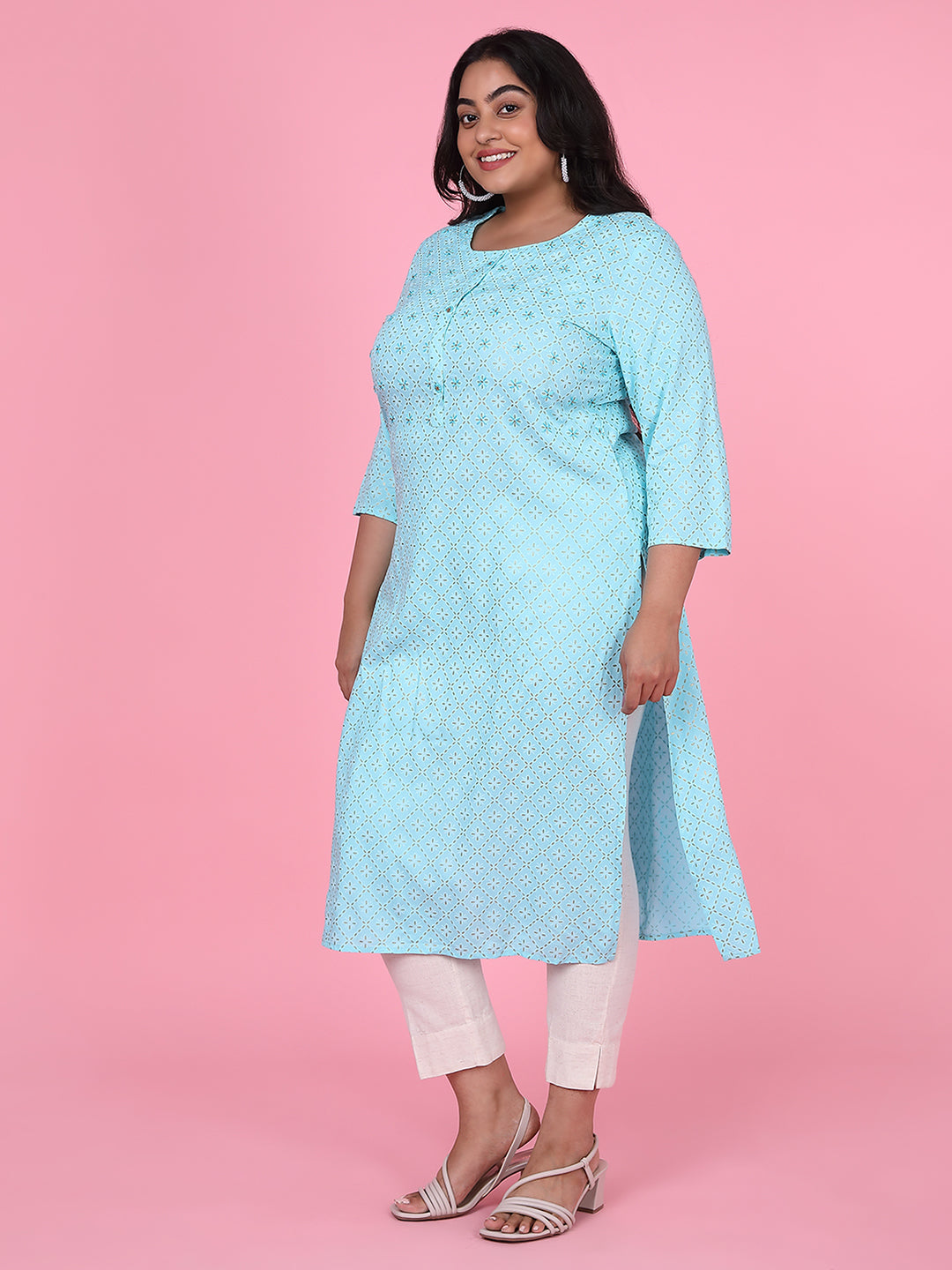 Women Blue Floral Straight Kurta