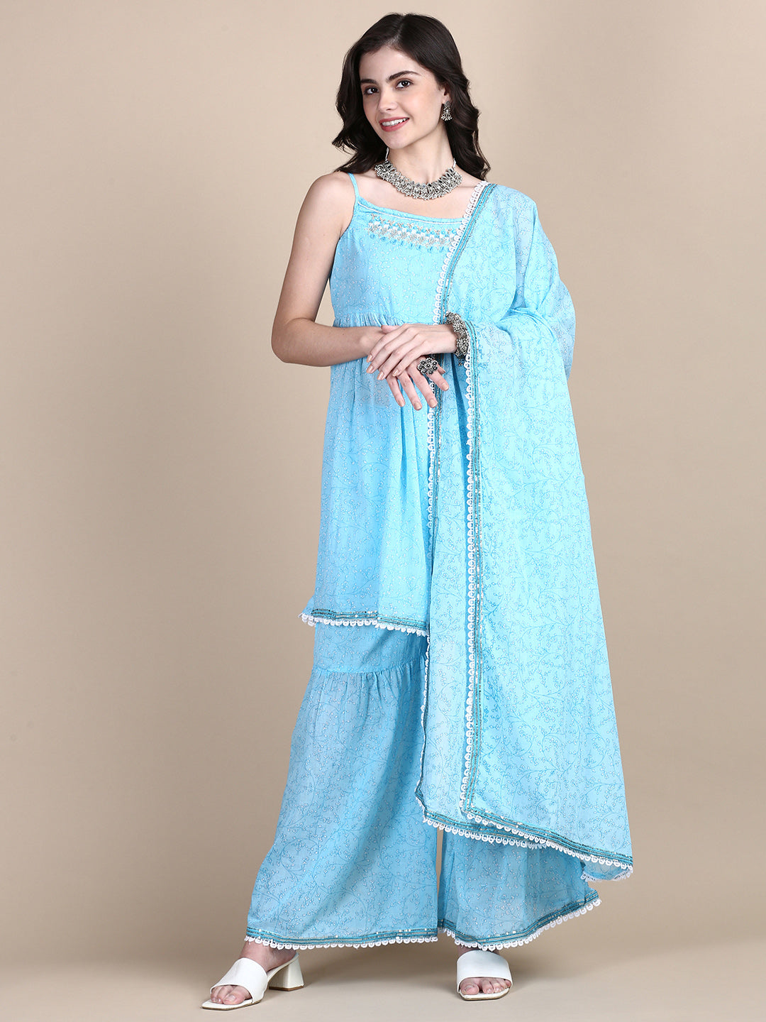 Women Floral Blue Anarkali Kurta Set with Dupatta and Potli Bag