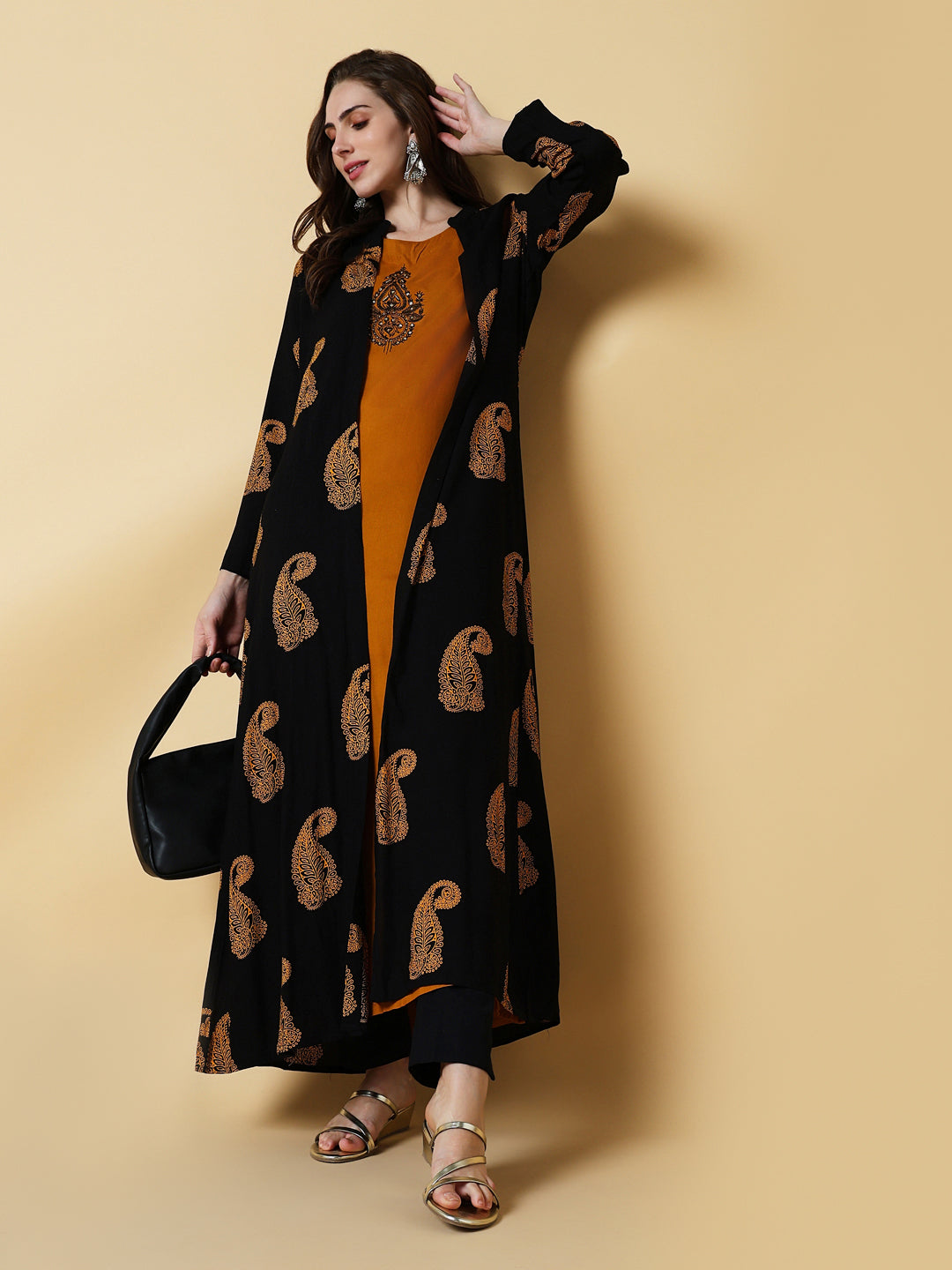 Women Mustard Graphic A-Line Kurta with Shrug