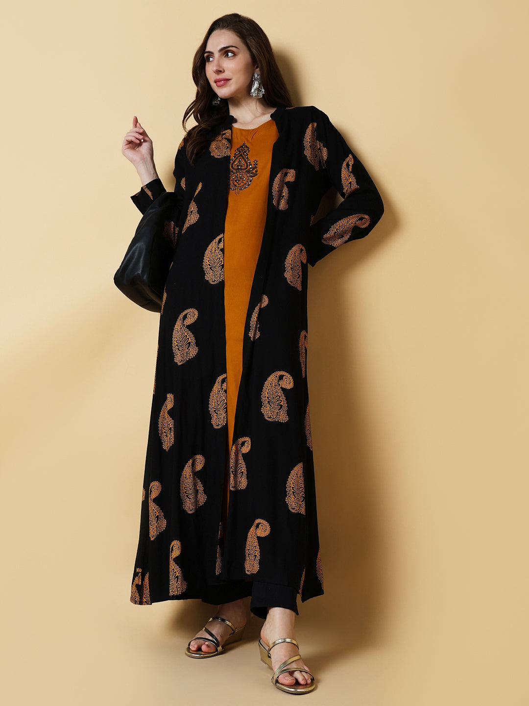 Women Mustard Graphic A-Line Kurta with Shrug