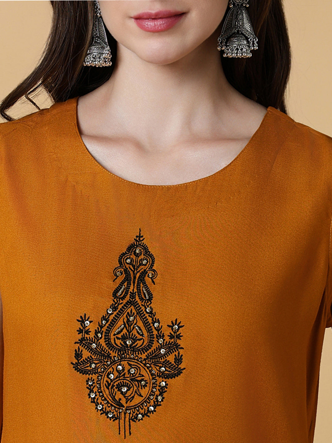 Women Mustard Graphic A-Line Kurta with Shrug