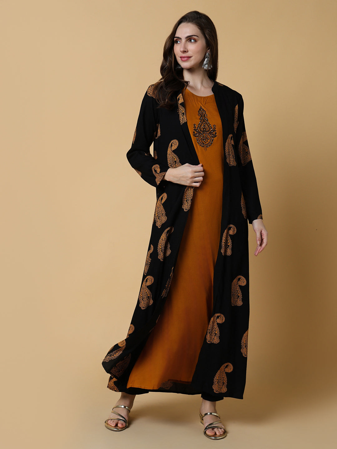 Women Mustard Graphic A-Line Kurta with Shrug