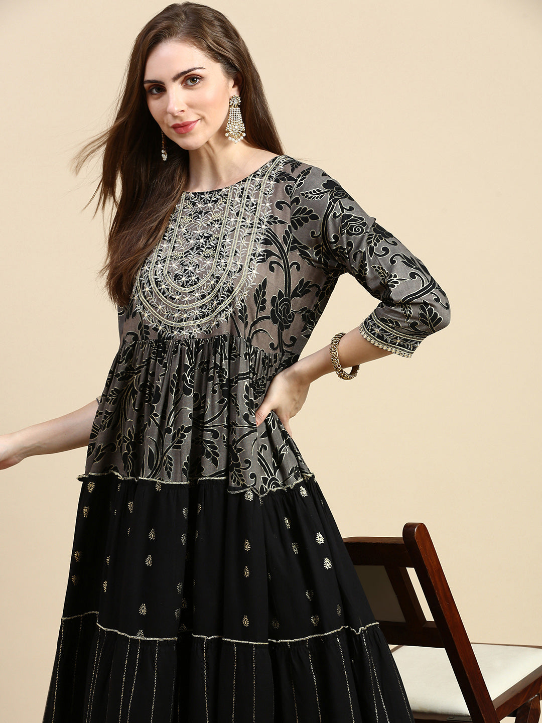 Women Black Floral Anarkali Kurta