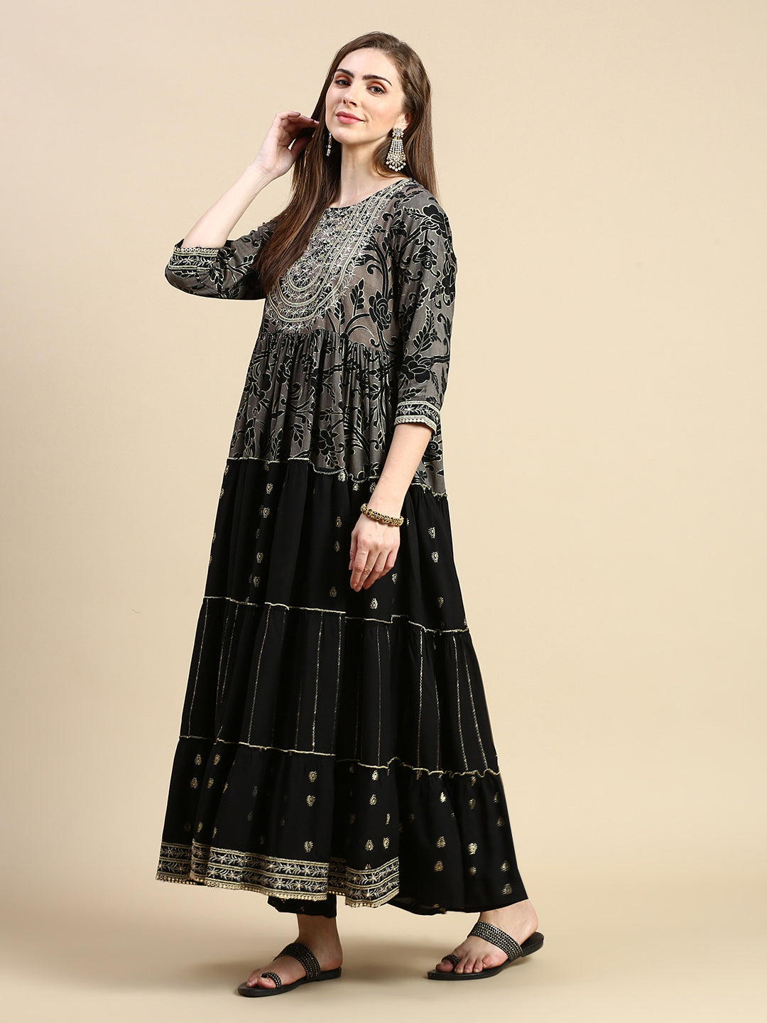 Women Black Floral Anarkali Kurta