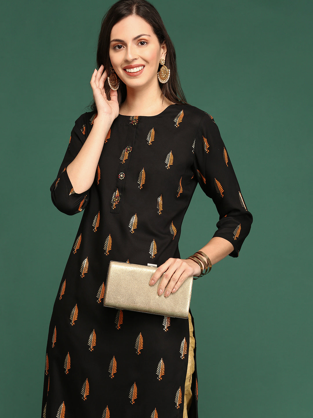 Women Black Floral Straight Kurta