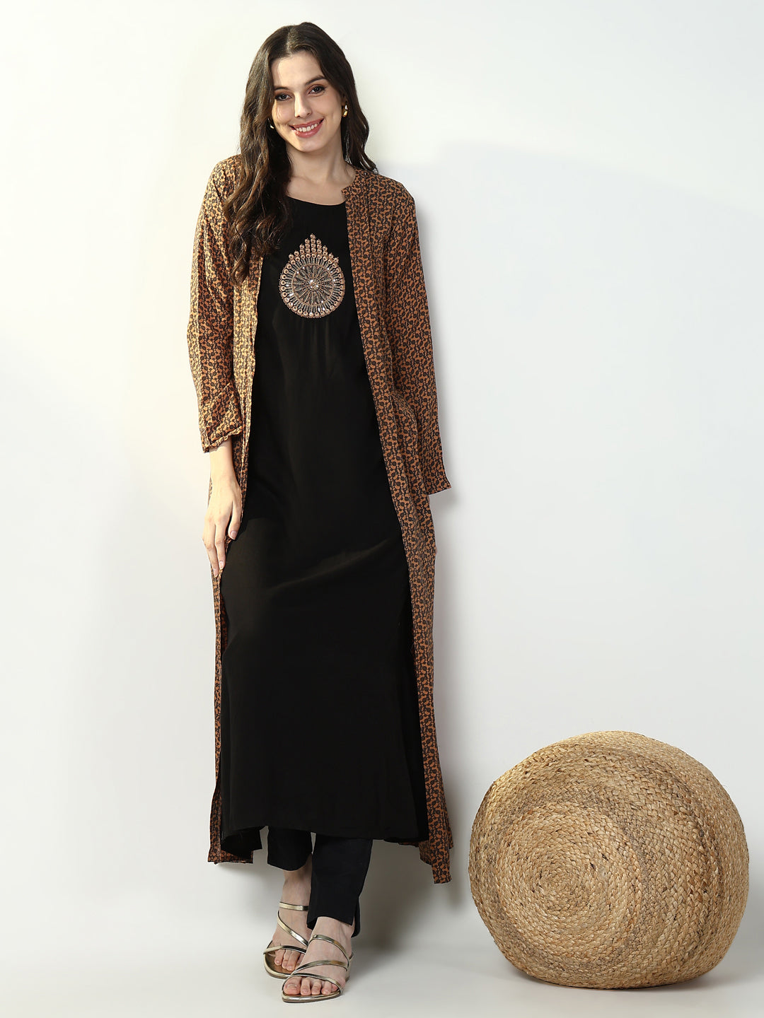 Women Black Solid A Line Kurta with Coat