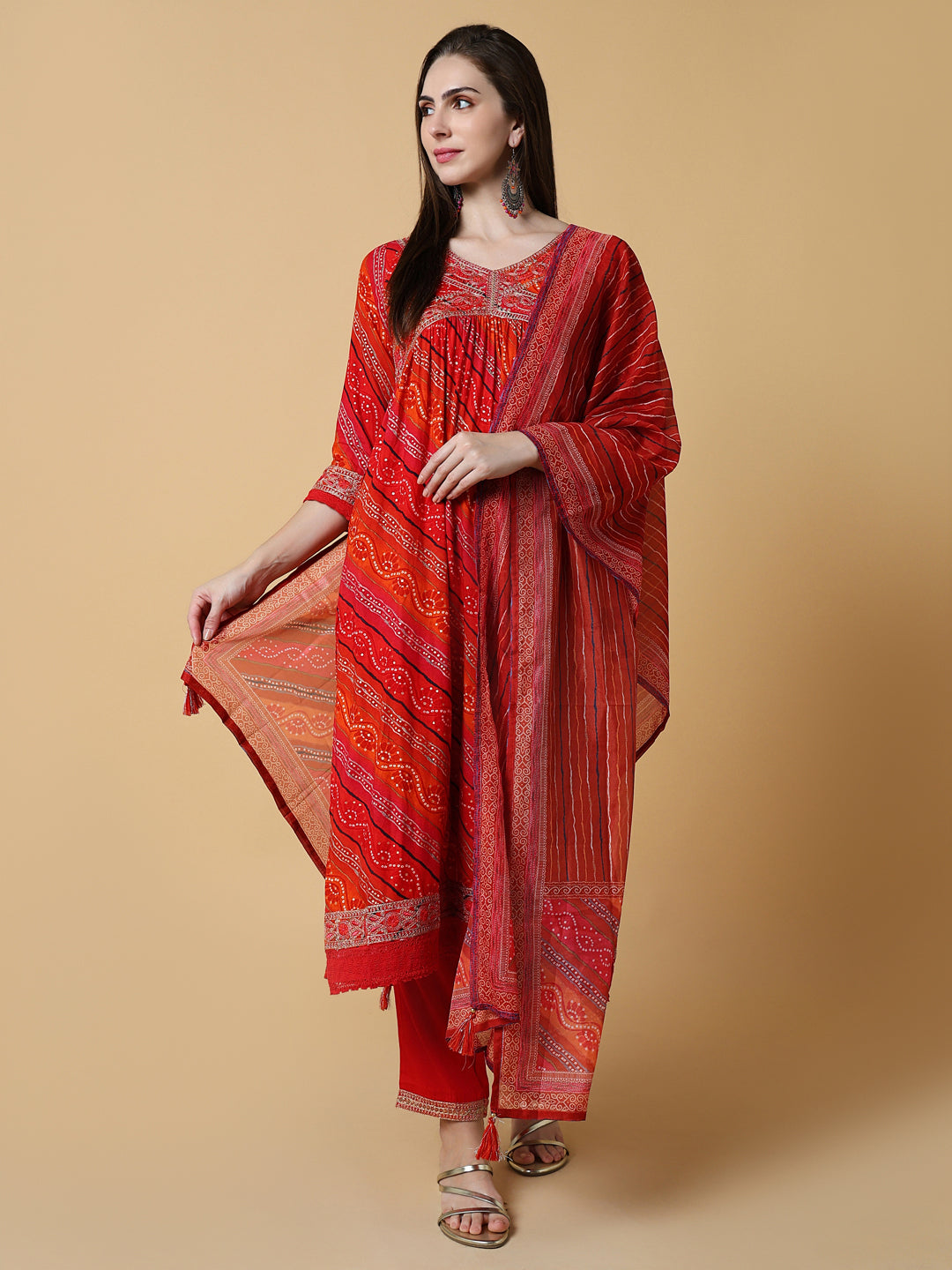 Women Graphic Orange A-Line Kurta Set with Dupatta and Potli Bag