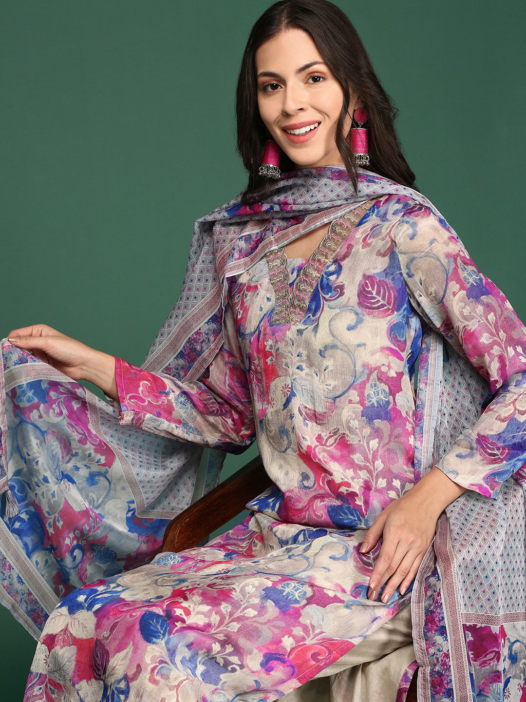 Women Floral Blue Straight Kurta Set with Dupatta