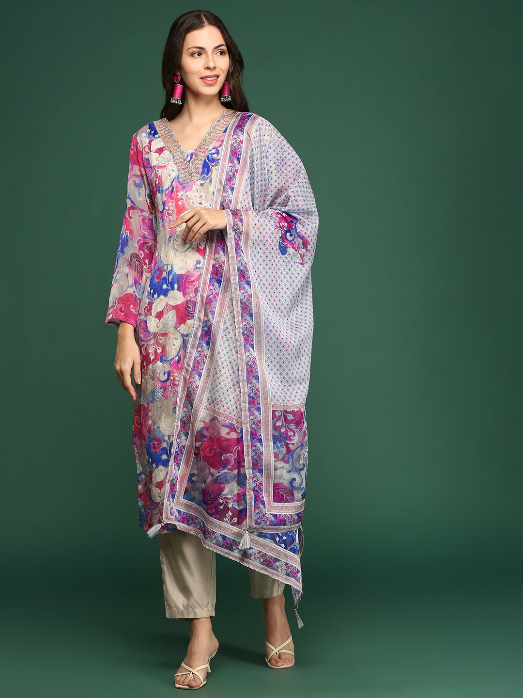 Women Floral Blue Straight Kurta Set with Dupatta