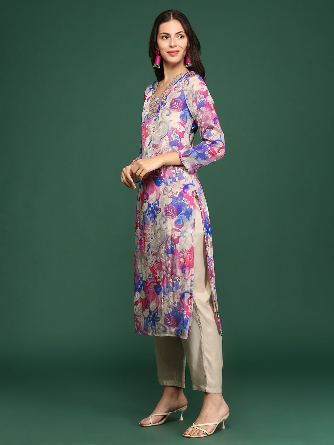 Women Floral Blue Straight Kurta Set with Dupatta