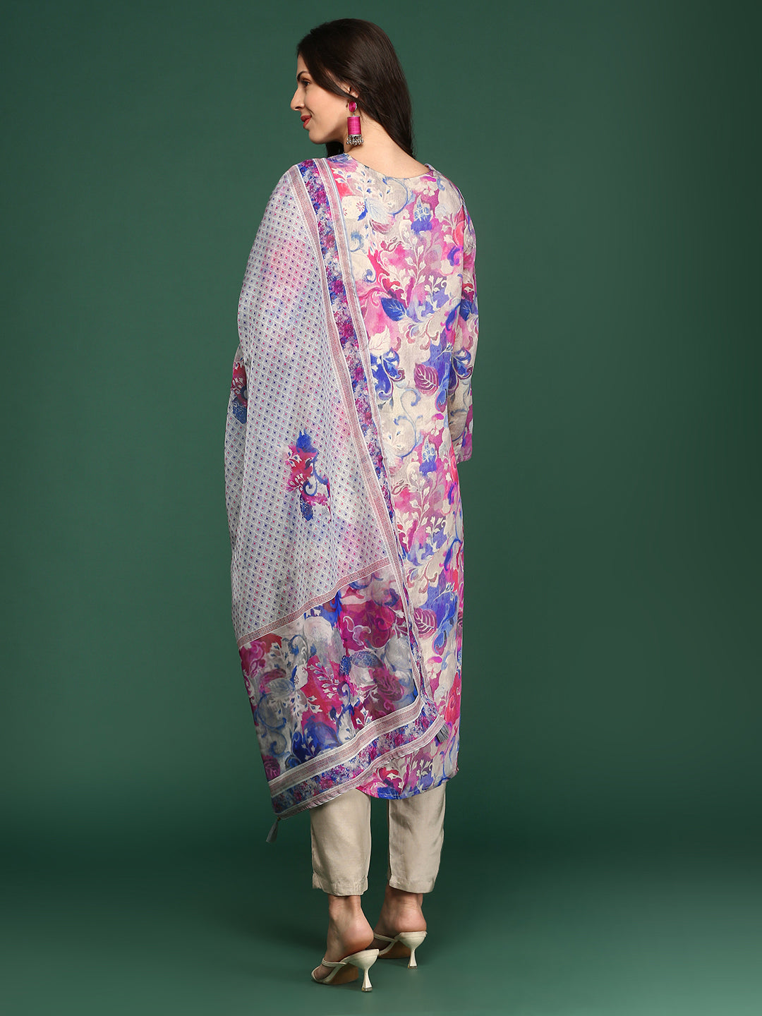 Women Floral Blue Straight Kurta Set with Dupatta