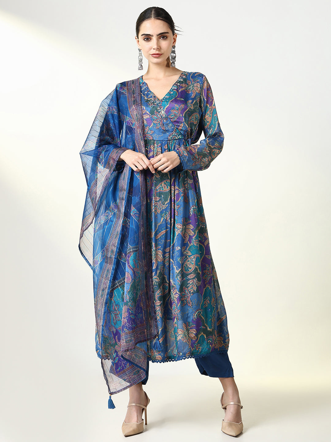 Women Floral Blue Anarkali Kurta Set with Dupatta