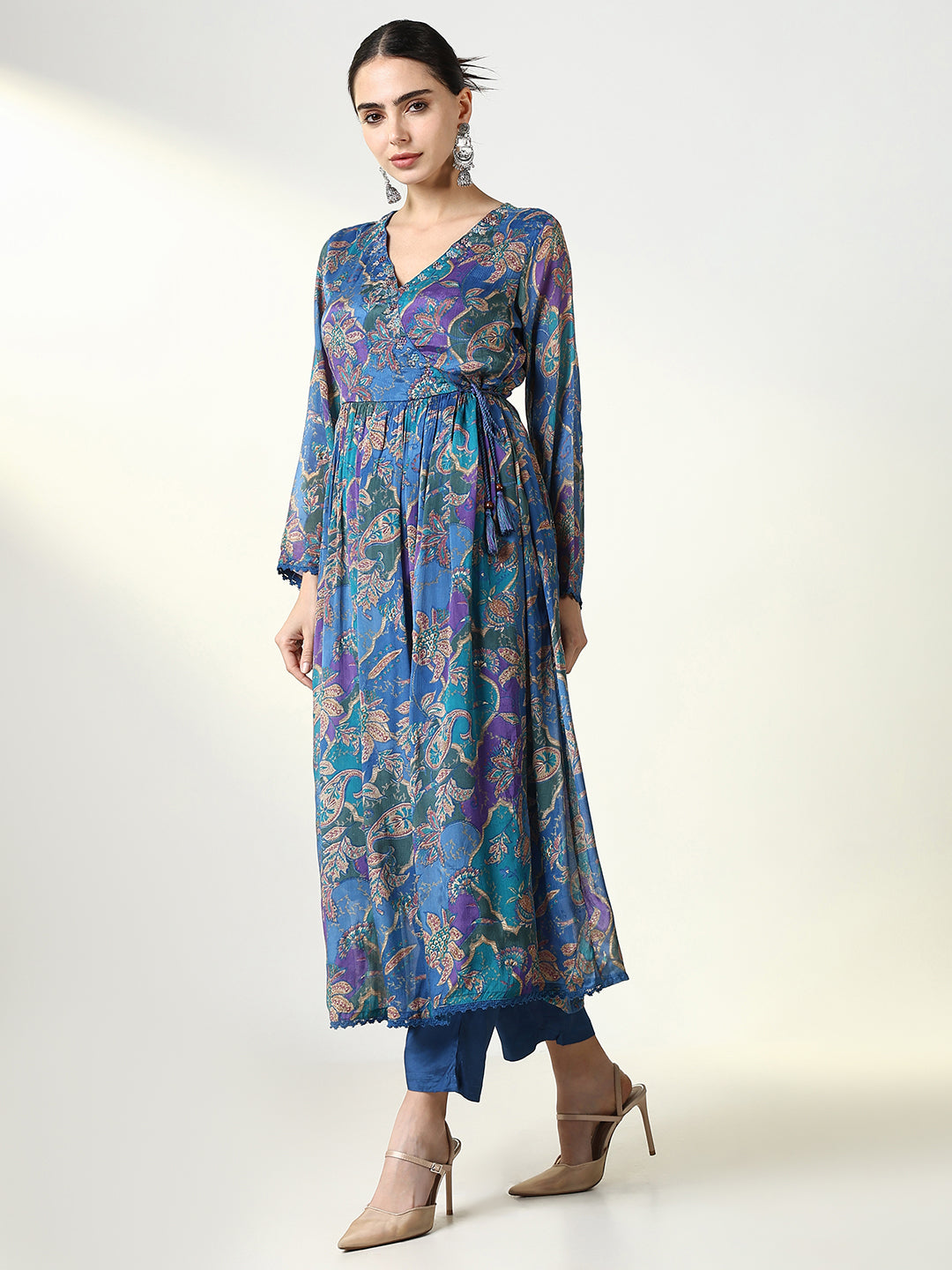 Women Floral Blue Anarkali Kurta Set with Dupatta