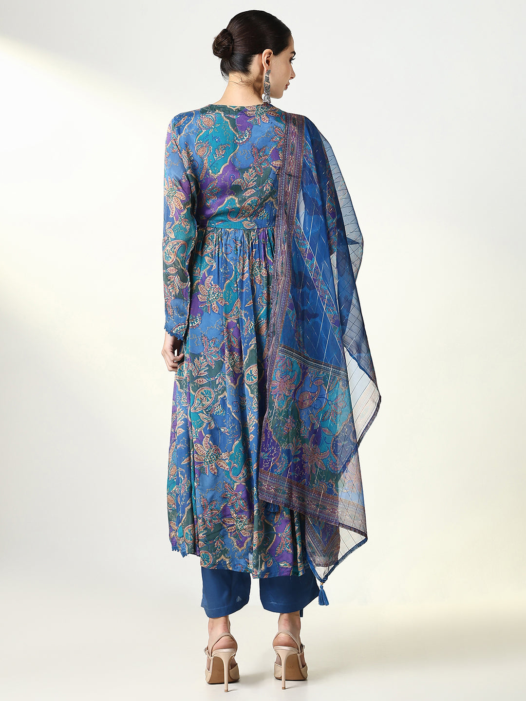 Women Floral Blue Anarkali Kurta Set with Dupatta