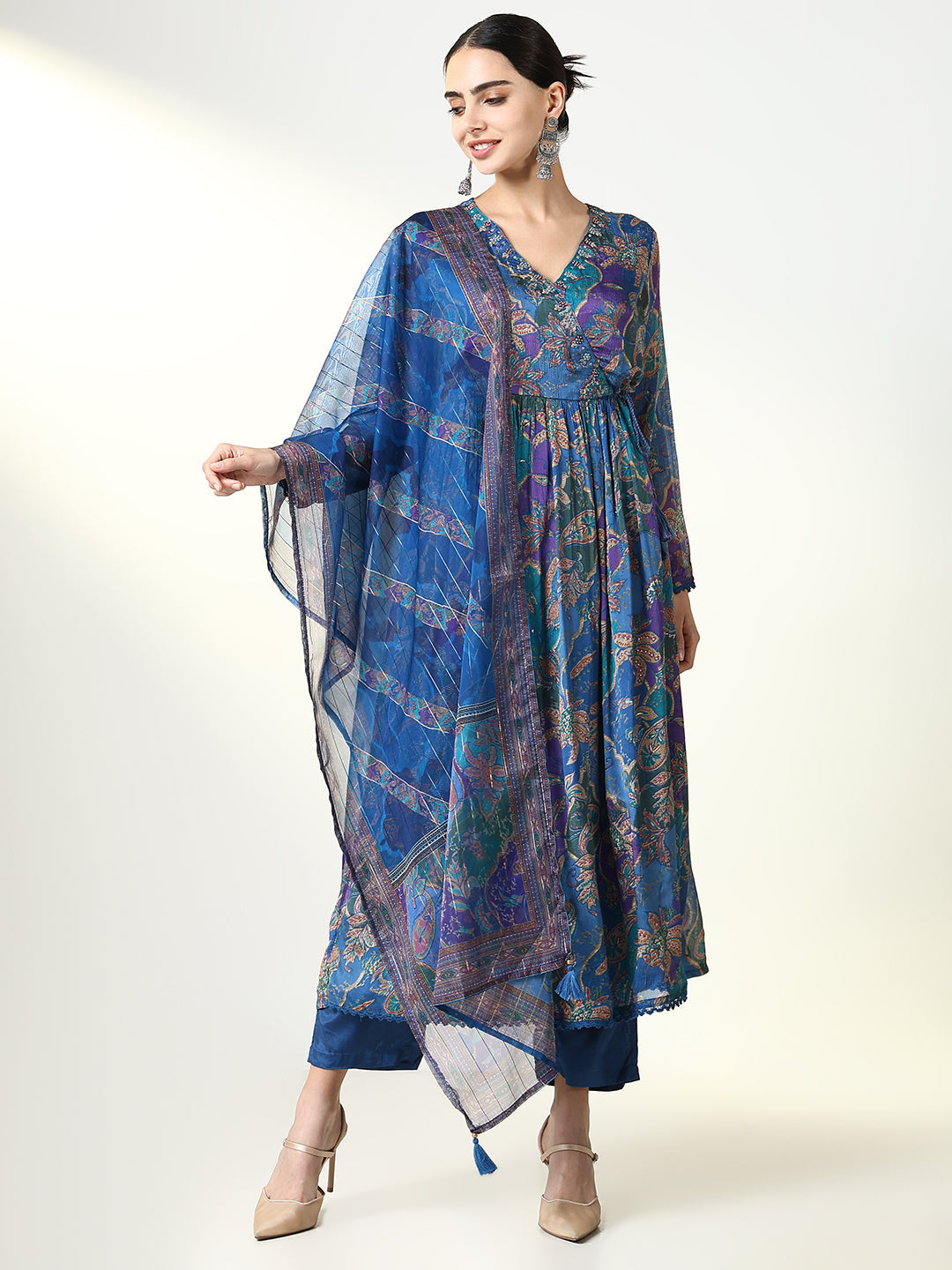 Women Floral Blue Anarkali Kurta Set with Dupatta