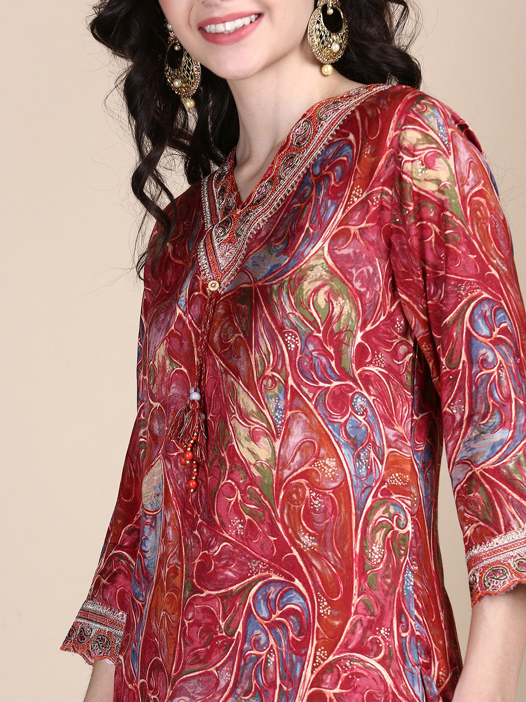 Women Abstract Maroon Straight Kurta Set with Dupatta