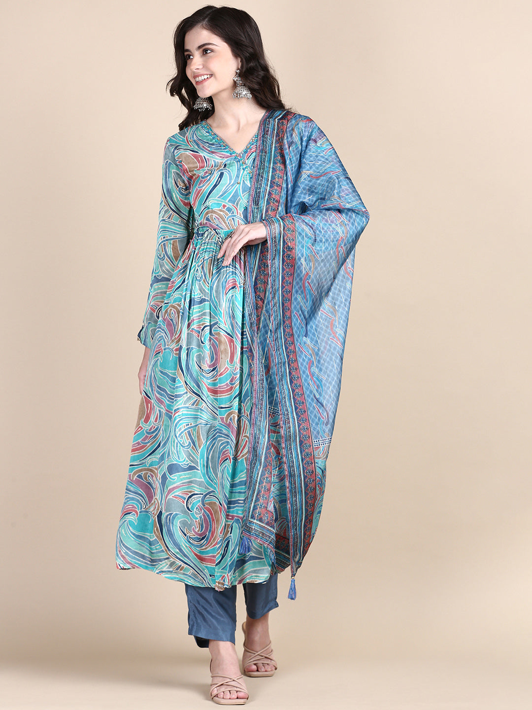 Women Abstract Turquoise Blue Anarkali Kurta Set with Dupatta