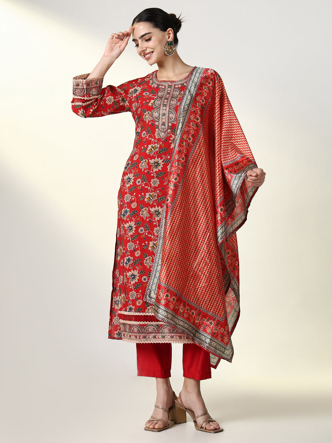 Women Floral Red Straight Kurta Set with Dupatta