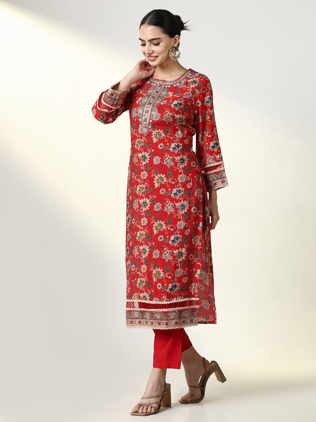 Women Floral Red Straight Kurta Set with Dupatta