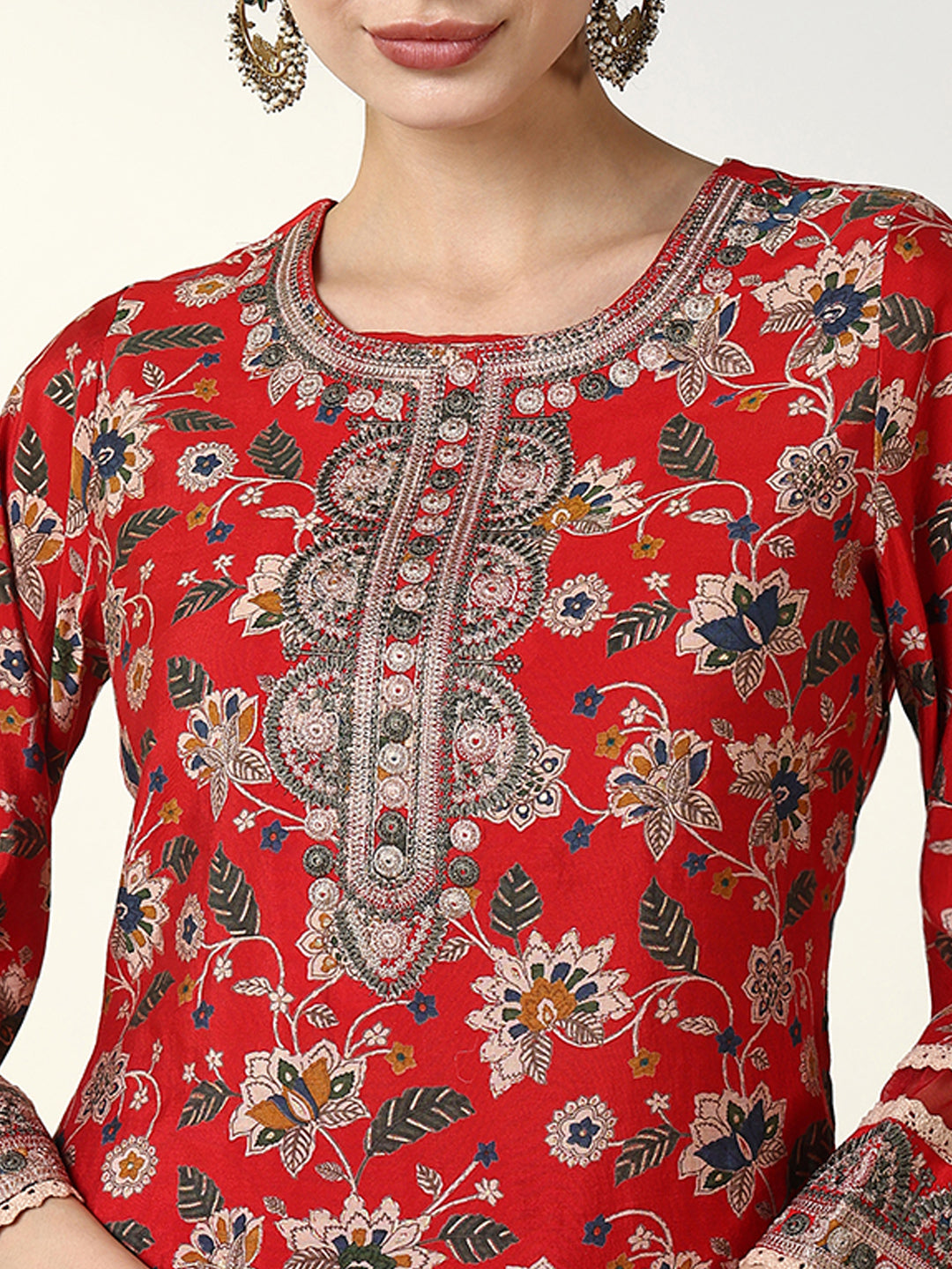 Women Floral Red Straight Kurta Set with Dupatta