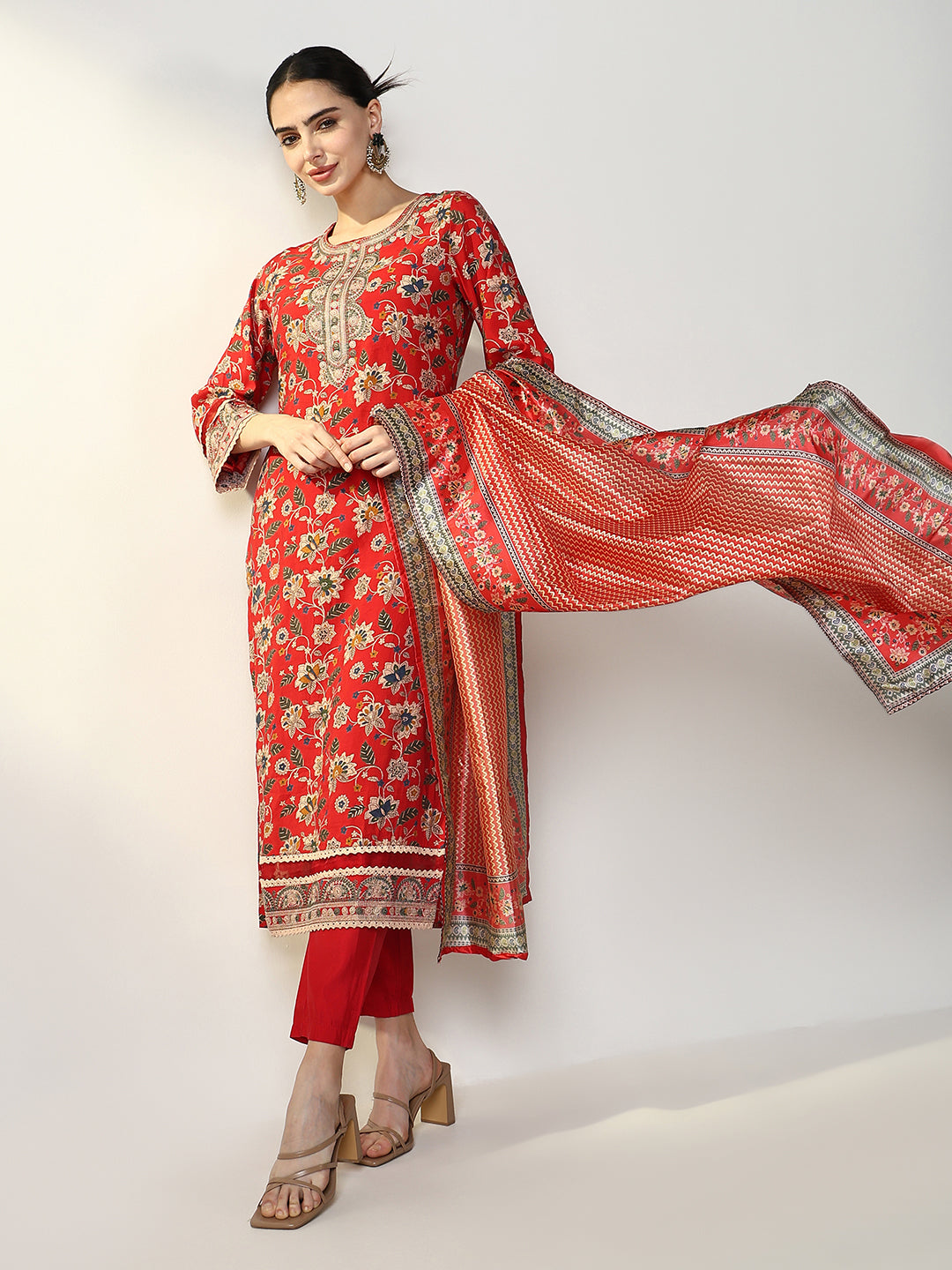 Women Floral Red Straight Kurta Set with Dupatta