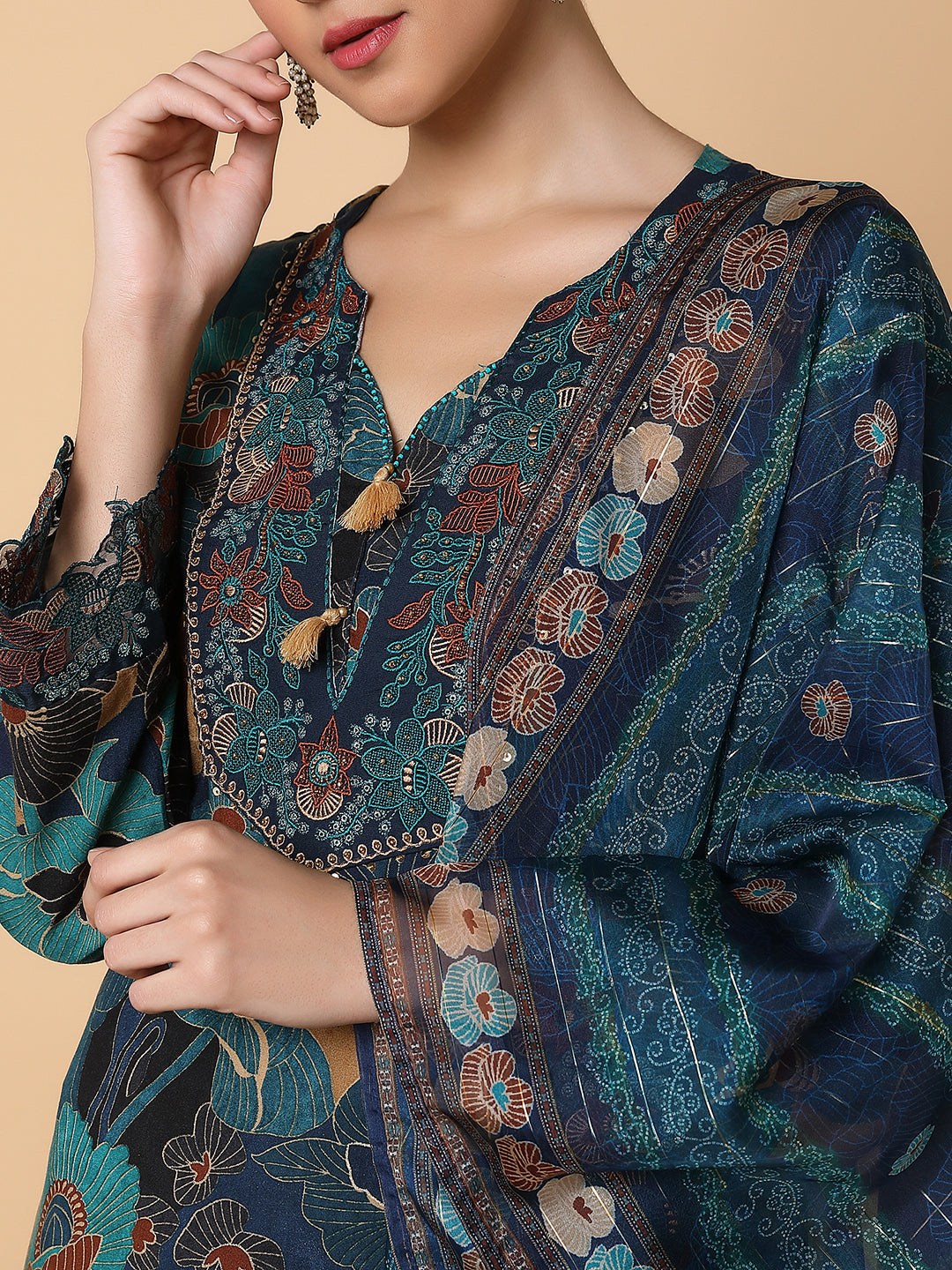 Women Floral Teal Straight Kurta Set with Dupatta