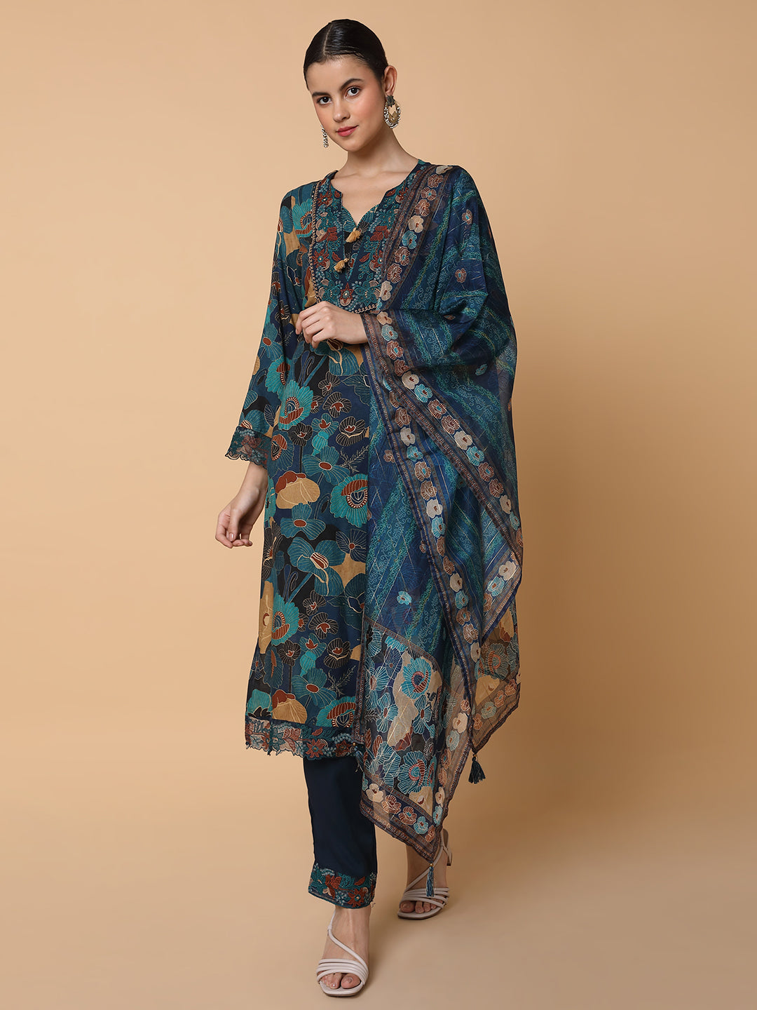 Women Floral Teal Straight Kurta Set with Dupatta