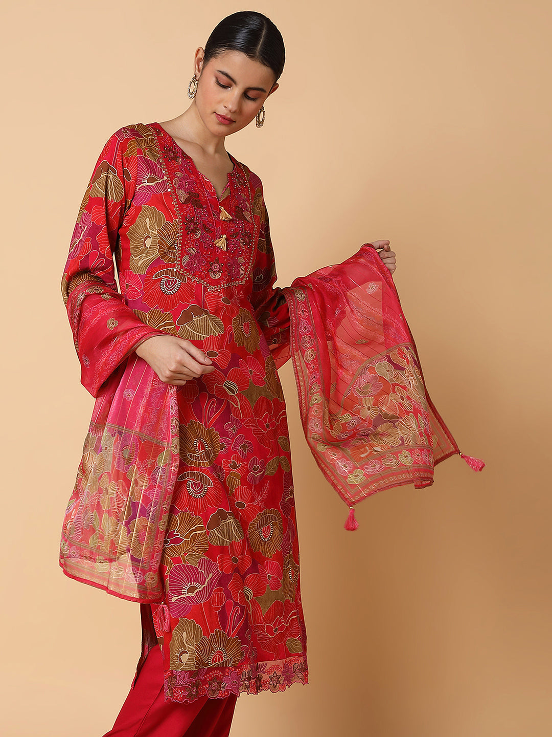 Women Floral Red Straight Kurta Set with Dupatta