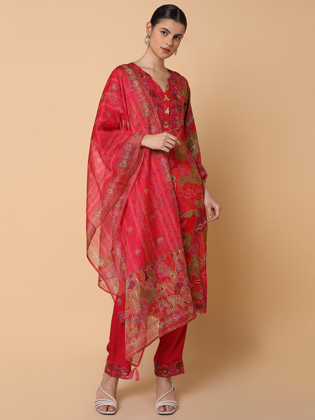 Women Floral Red Straight Kurta Set with Dupatta