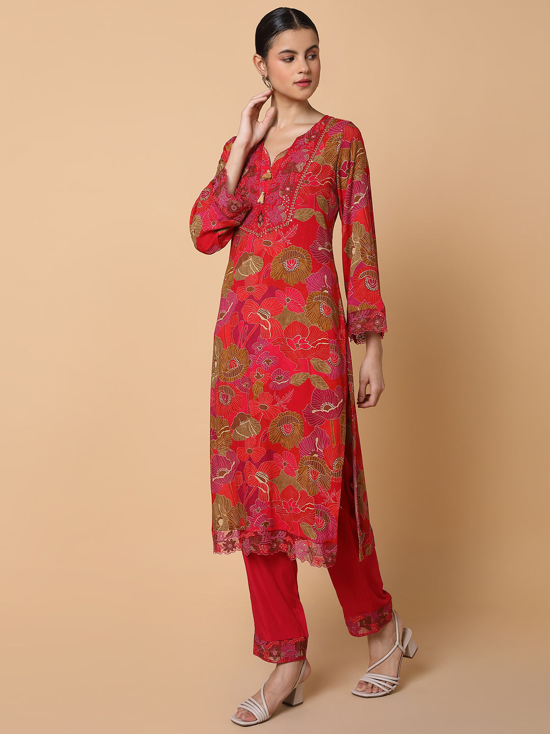 Women Floral Red Straight Kurta Set with Dupatta