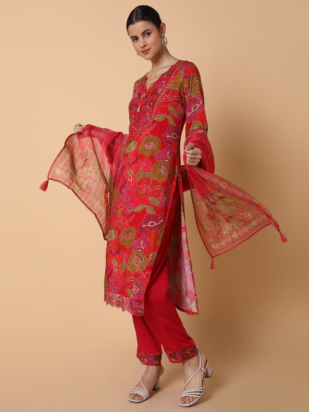 Women Floral Red Straight Kurta Set with Dupatta