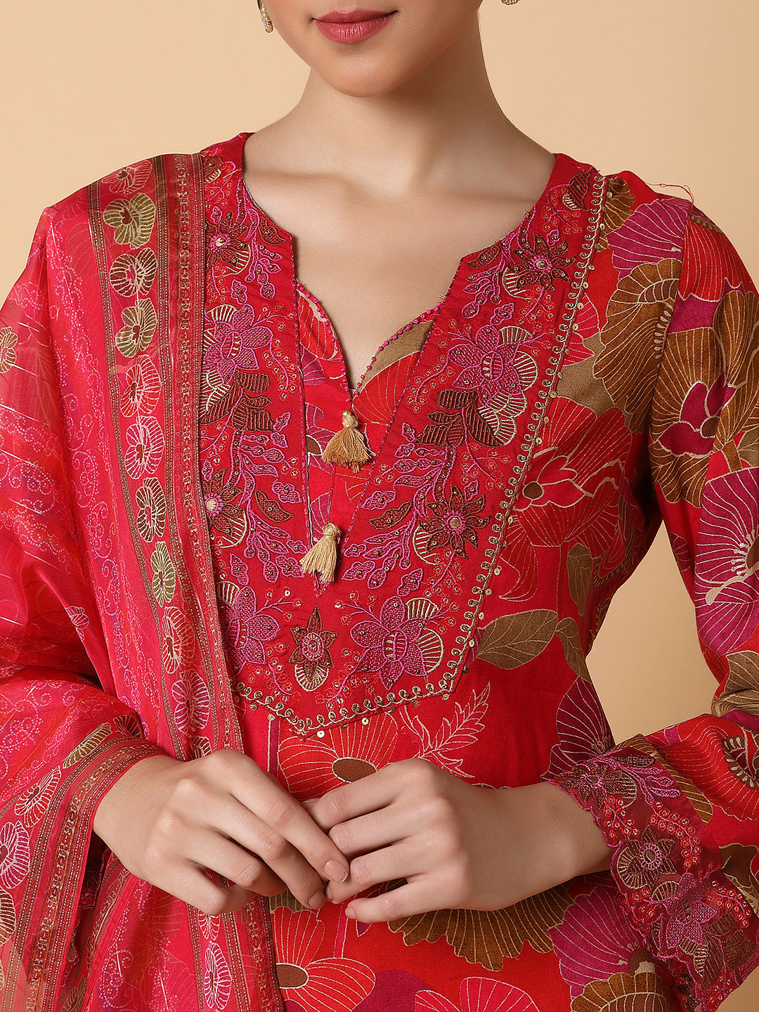 Women Floral Red Straight Kurta Set with Dupatta