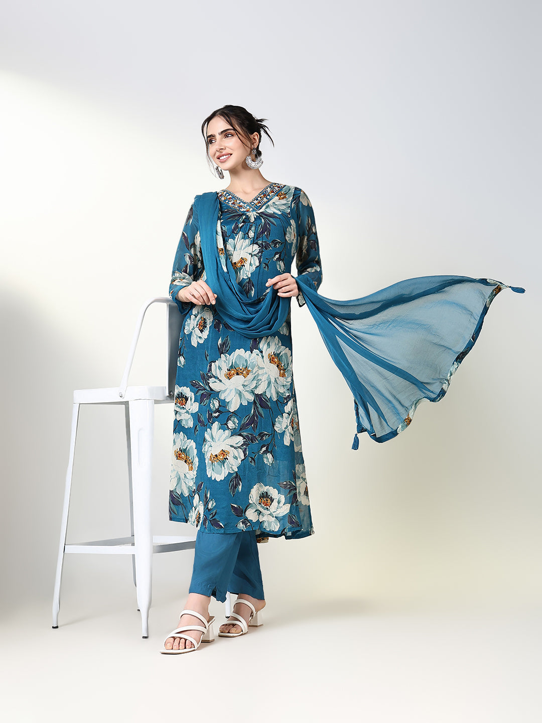 Women Floral Blue Anarkali Kurta Set with Dupatta