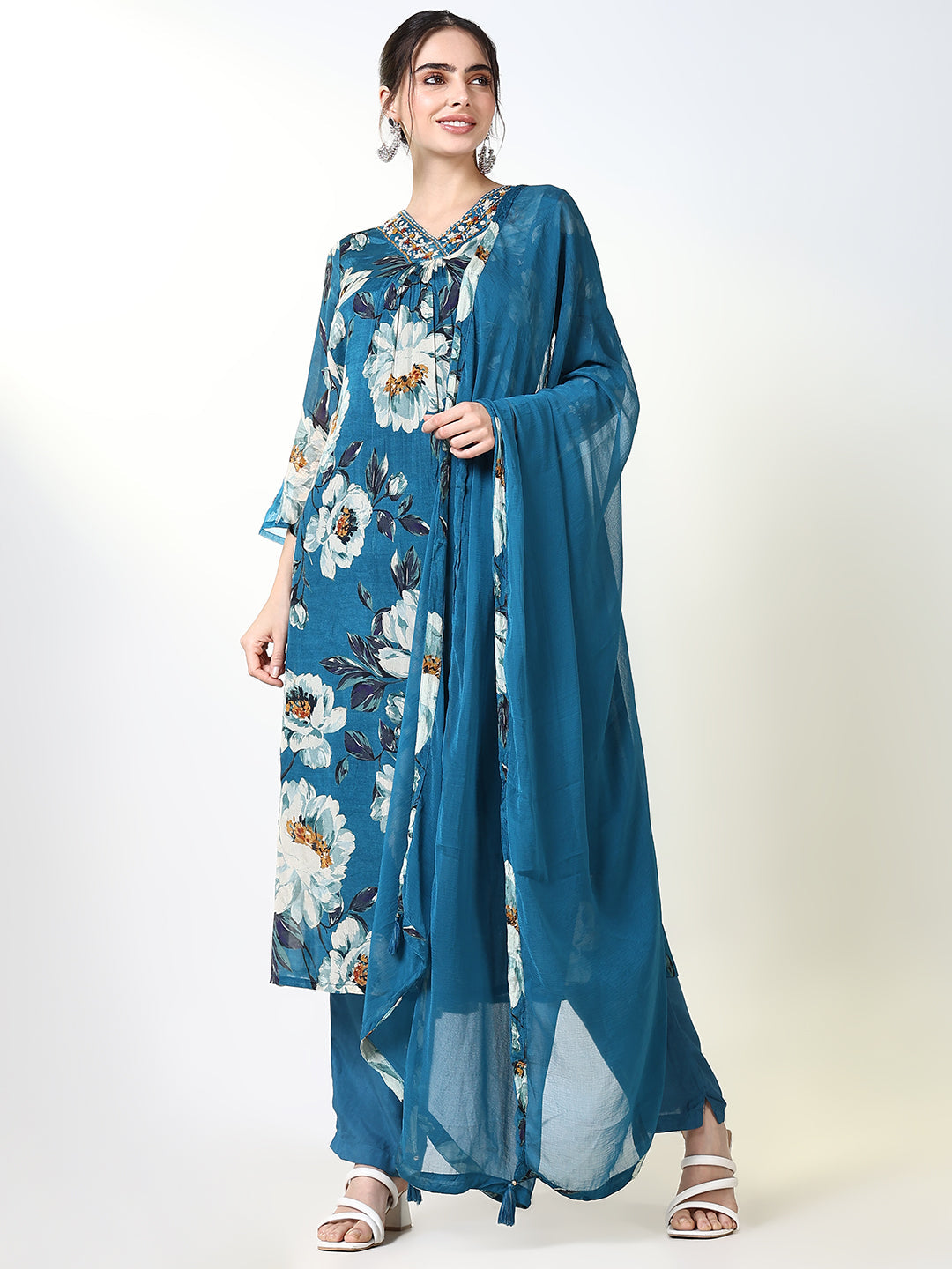 Women Floral Blue Anarkali Kurta Set with Dupatta