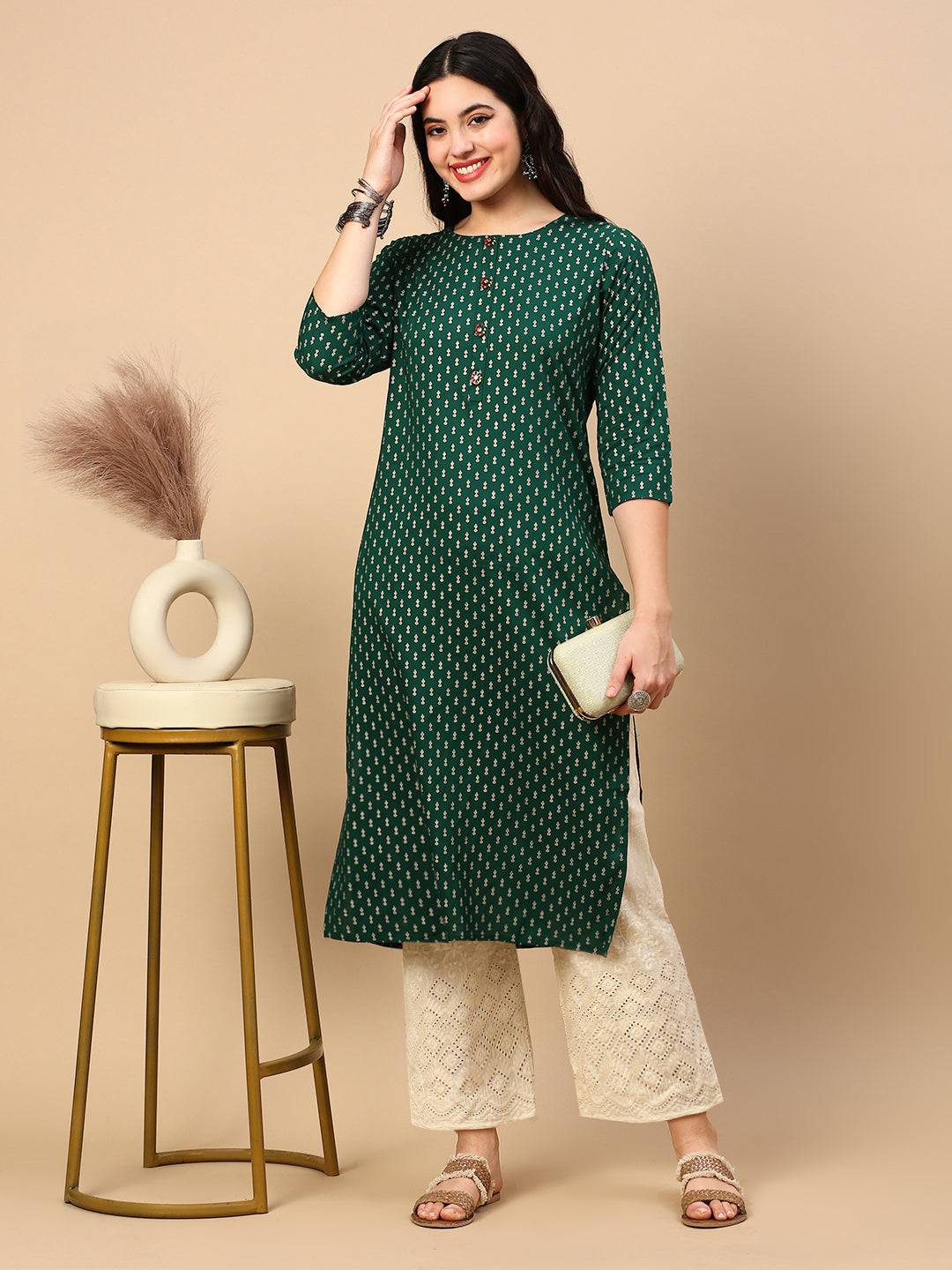 Women Straight Green Ethnic Motifs Kurta