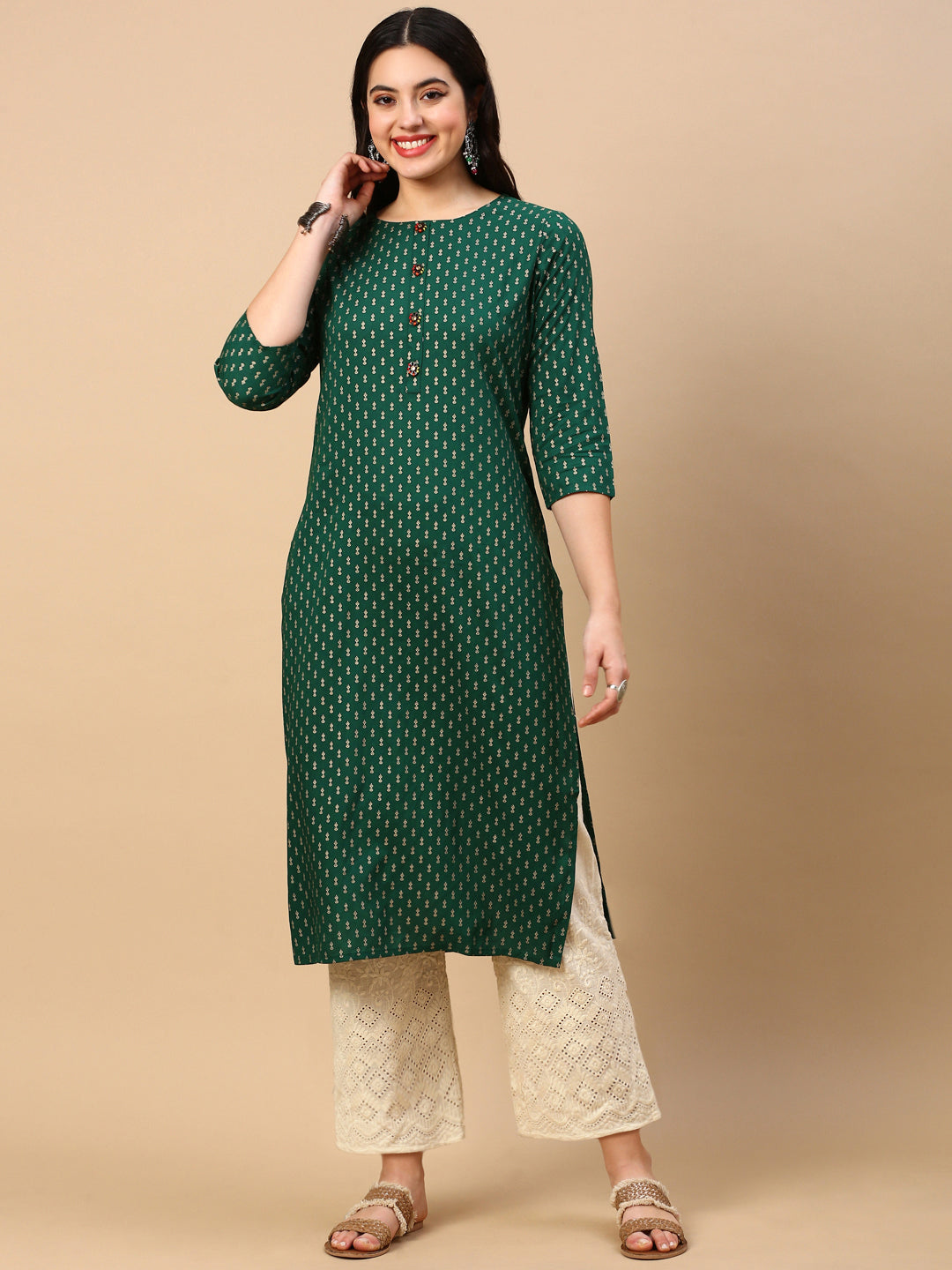 Women Straight Green Ethnic Motifs Kurta