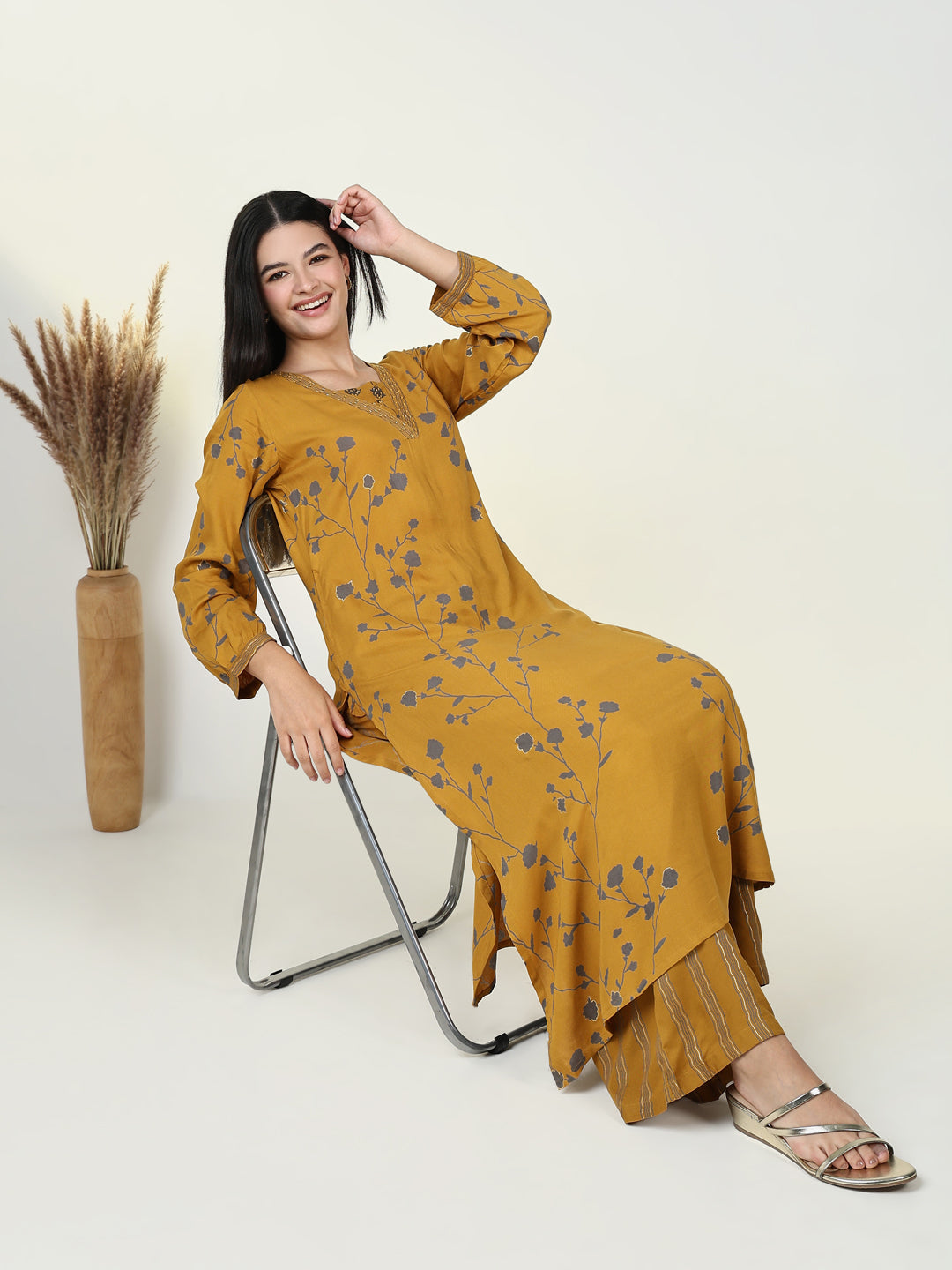 Women Floral Mustard A Line Kurta Set