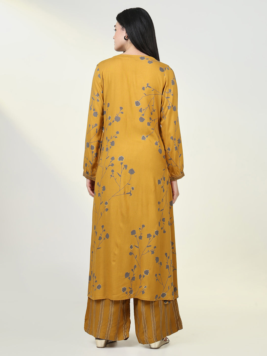 Women Floral Mustard A Line Kurta Set