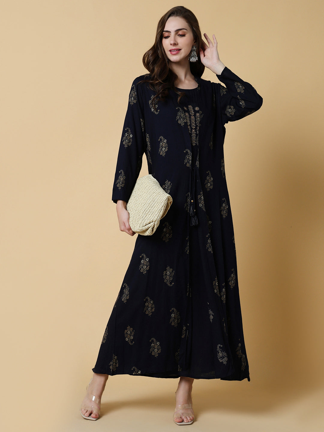 Women Navy Blue Graphic A-Line Kurta with Shrug