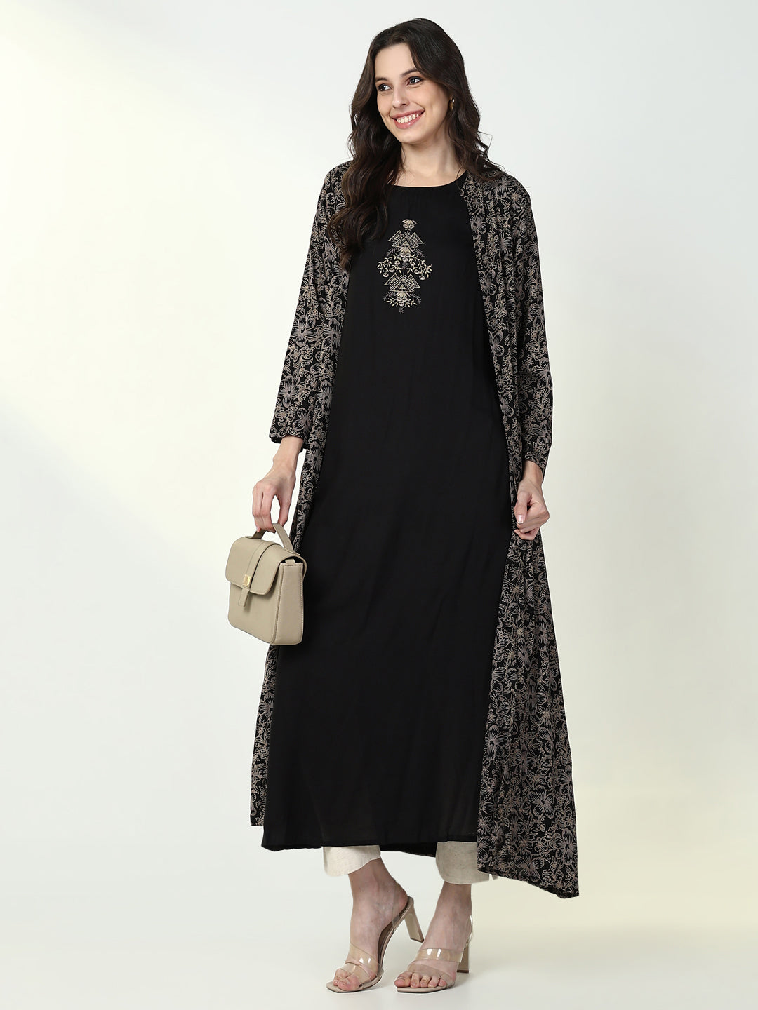 Women Black Solid A Line Kurta with Coat