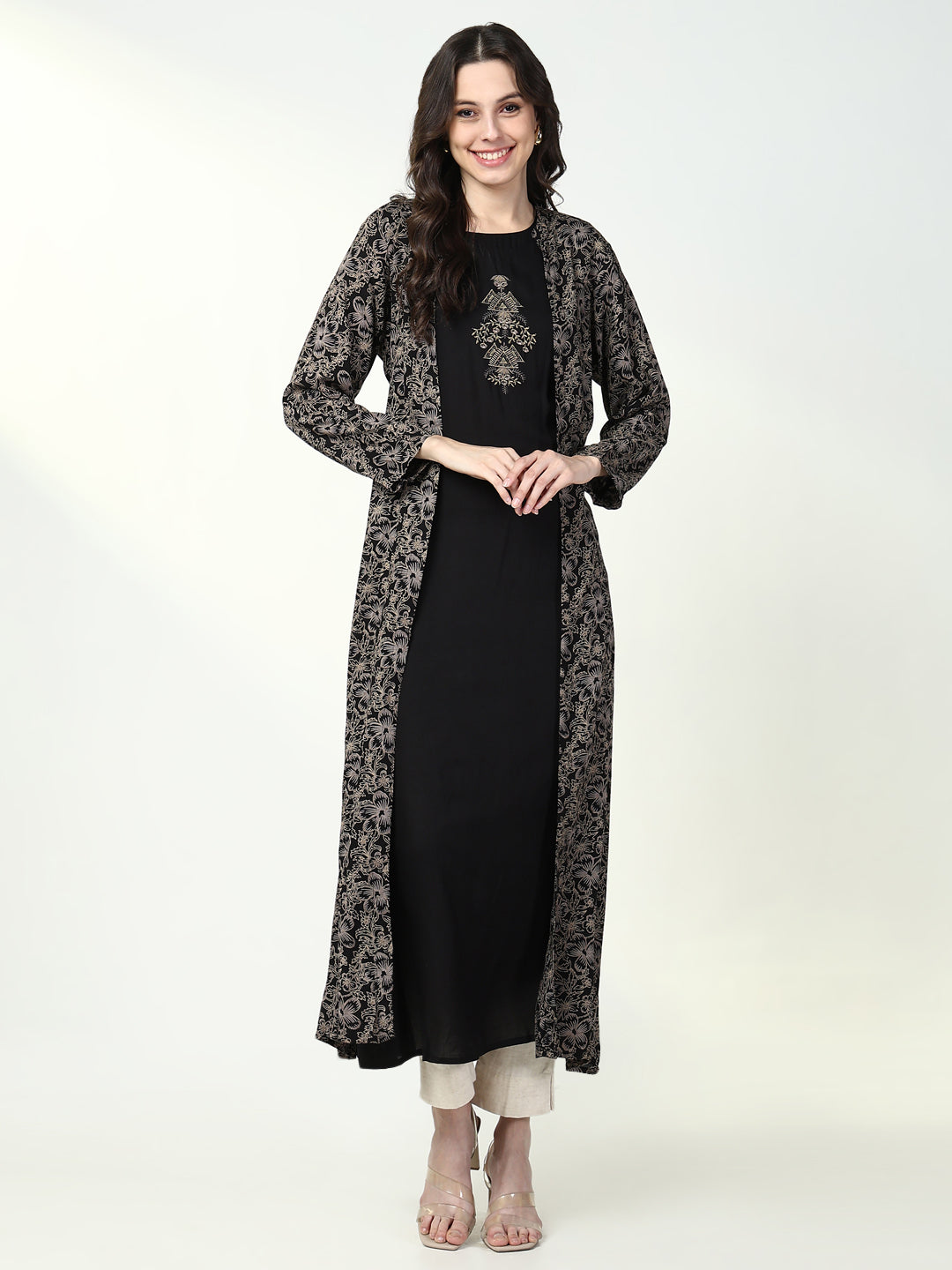 Women Black Solid A Line Kurta with Coat