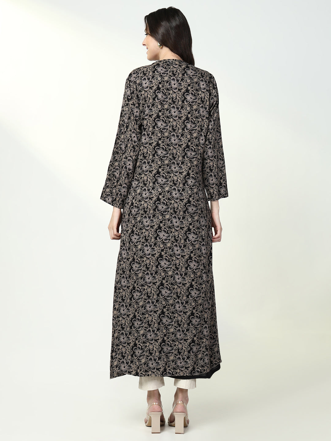 Women Black Solid A Line Kurta with Coat