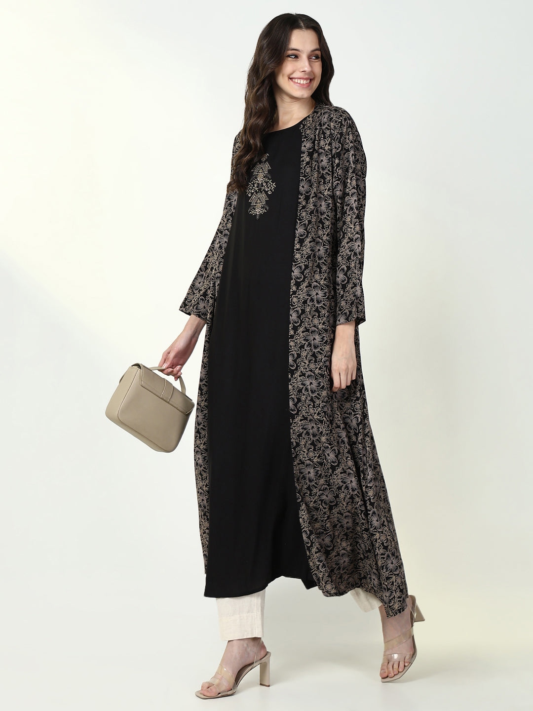 Women Black Solid A Line Kurta with Coat