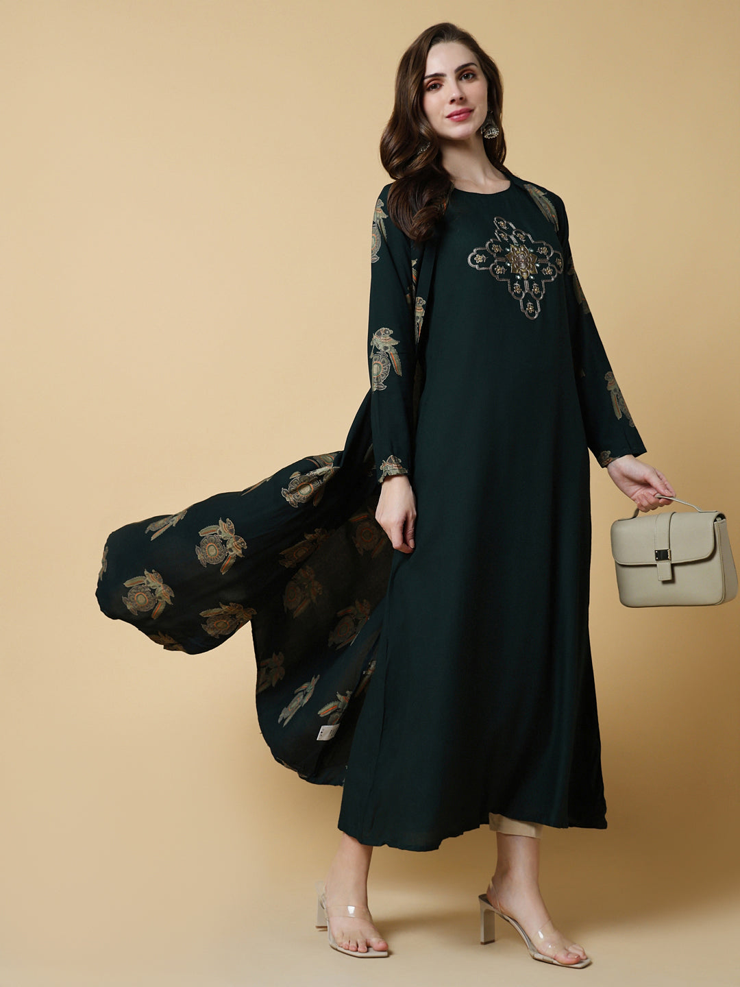 Women Green Graphic A-Line Kurta with Shrug