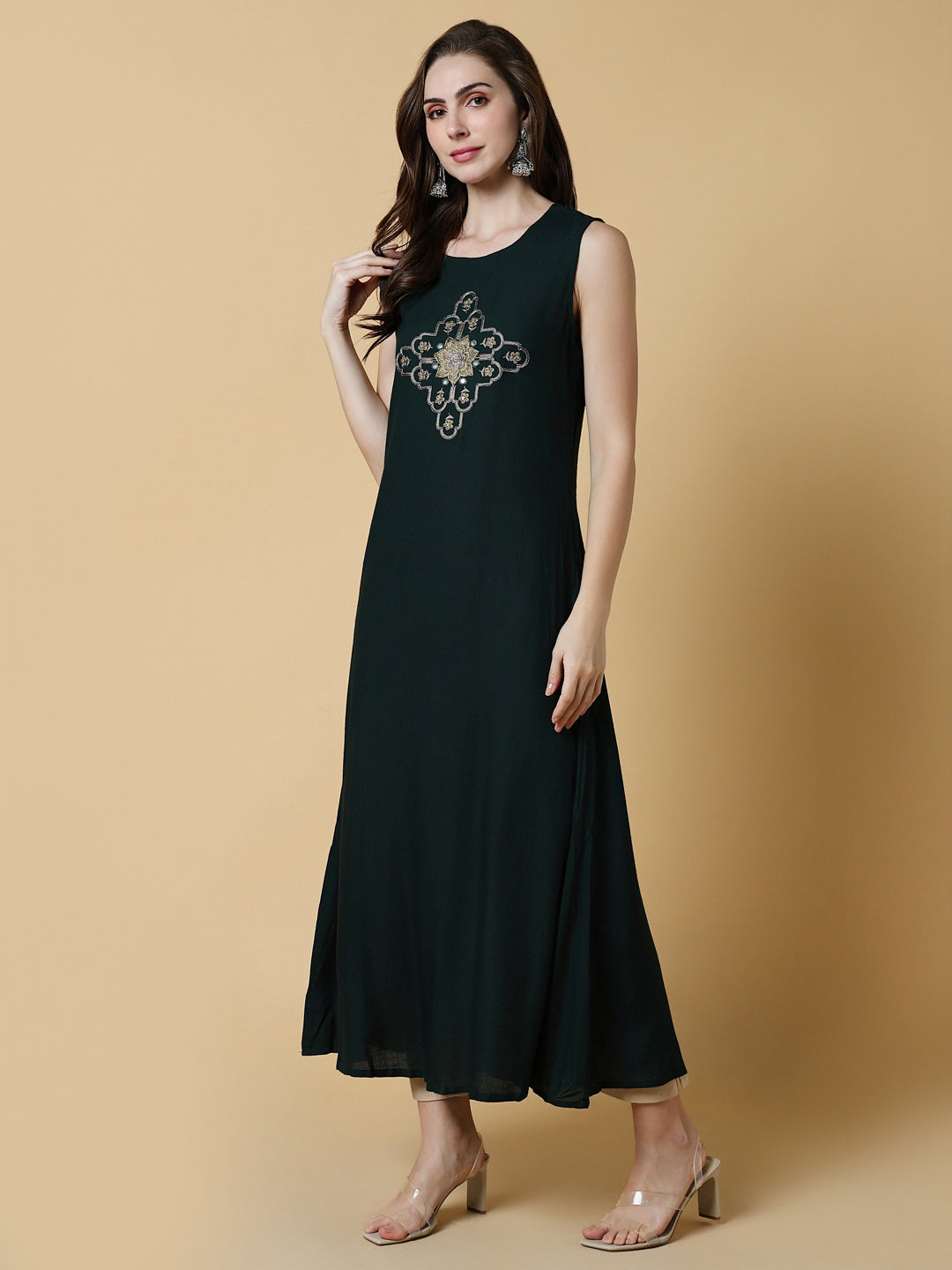 Women Green Graphic A-Line Kurta with Shrug