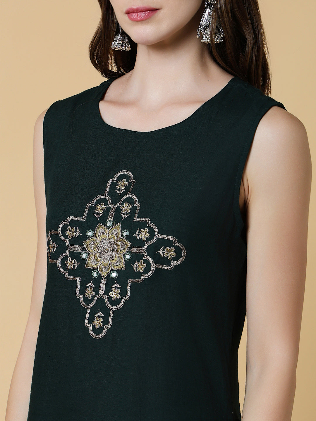 Women Green Graphic A-Line Kurta with Shrug