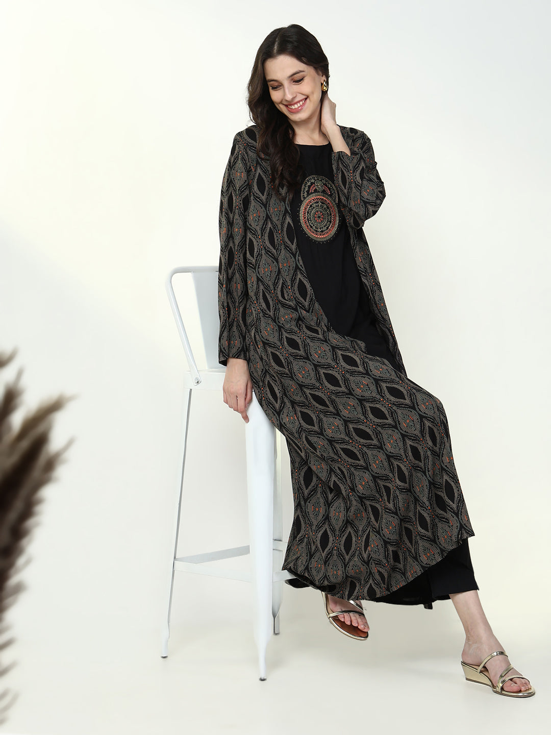 Women Black Solid A Line Kurta with Coat