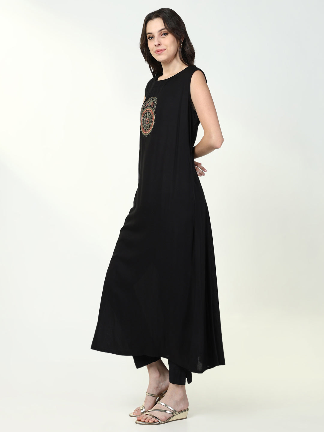 Women Black Solid A Line Kurta with Coat