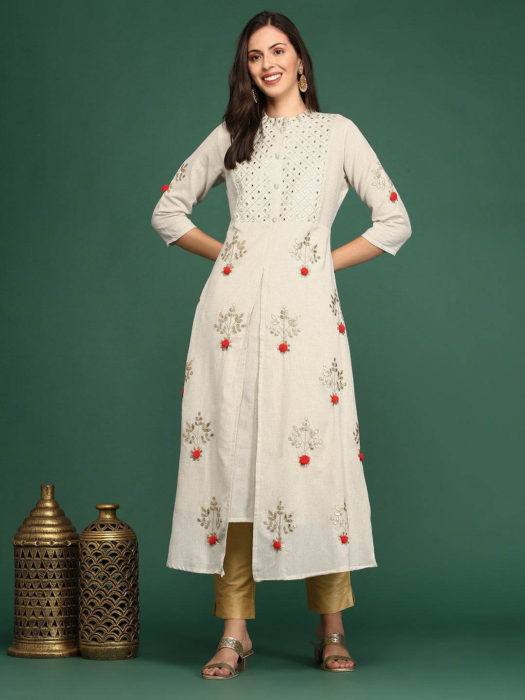 Women's White Embellished Anarkali Kurta