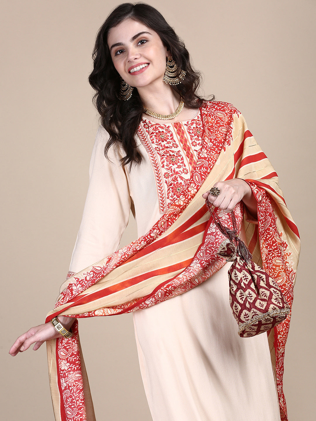 Women Solid Peach Straight Kurta Set with Dupatta